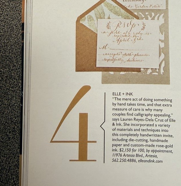 Modern Luxury Brides California magazine feature quoting Lauren Reyes-Dela Cruz of Elle + Ink on hand-calligraphed wedding invitations