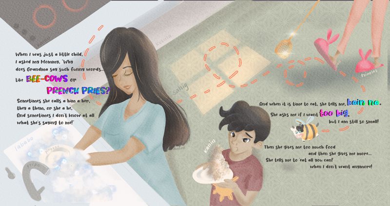 When Lola Speaks interior spread — a child describing his grandmother's mixed-up English words