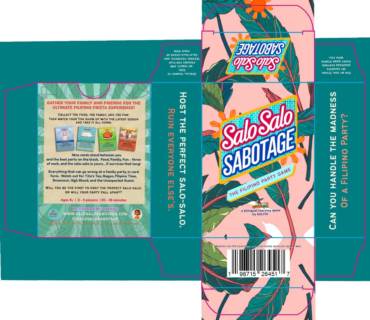 Salo Salo Sabotage production dieline — print-ready box file with fold lines, bleed marks, and barcode