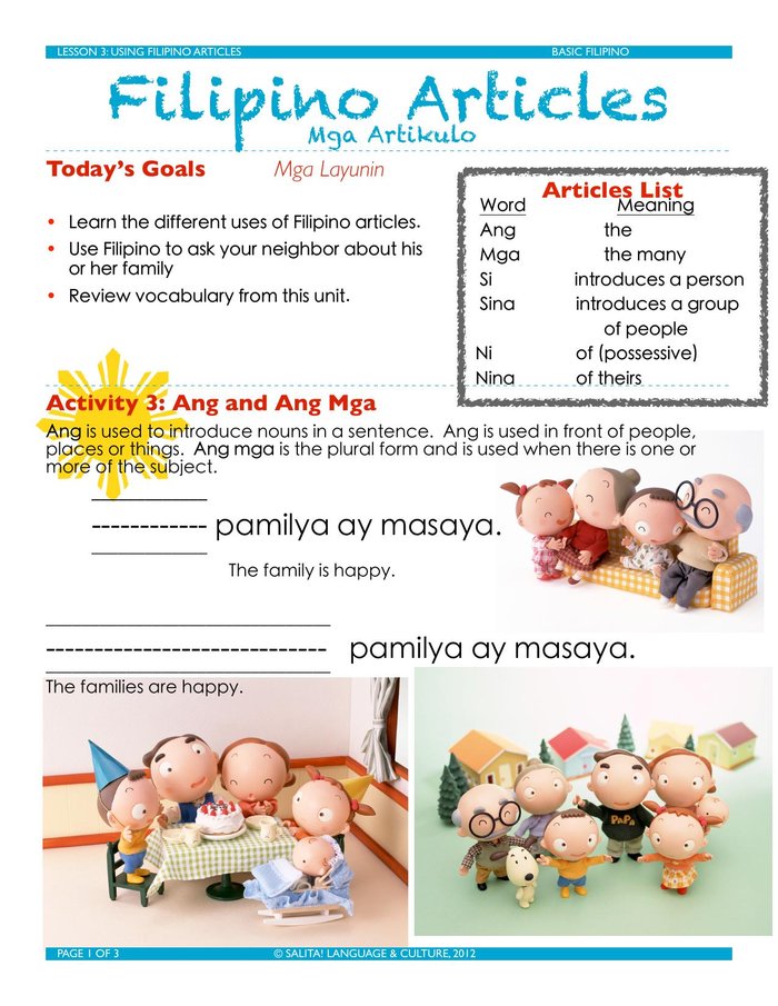 Filipino Articles workbook page — lesson goals and vocabulary list