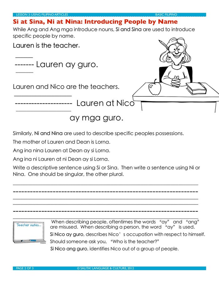 Filipino Articles workbook page — Teacher Notes callout on ay vs ang