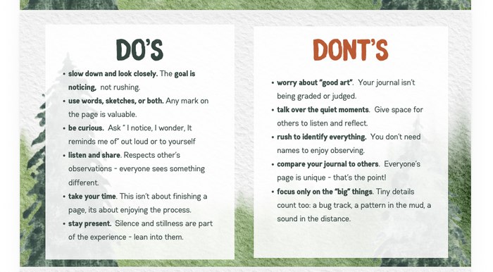 Nature journaling workshop slide — Do's and Don'ts group norms