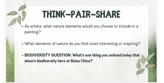 Nature journaling workshop slide — Think-Pair-Share discussion with biodiversity question