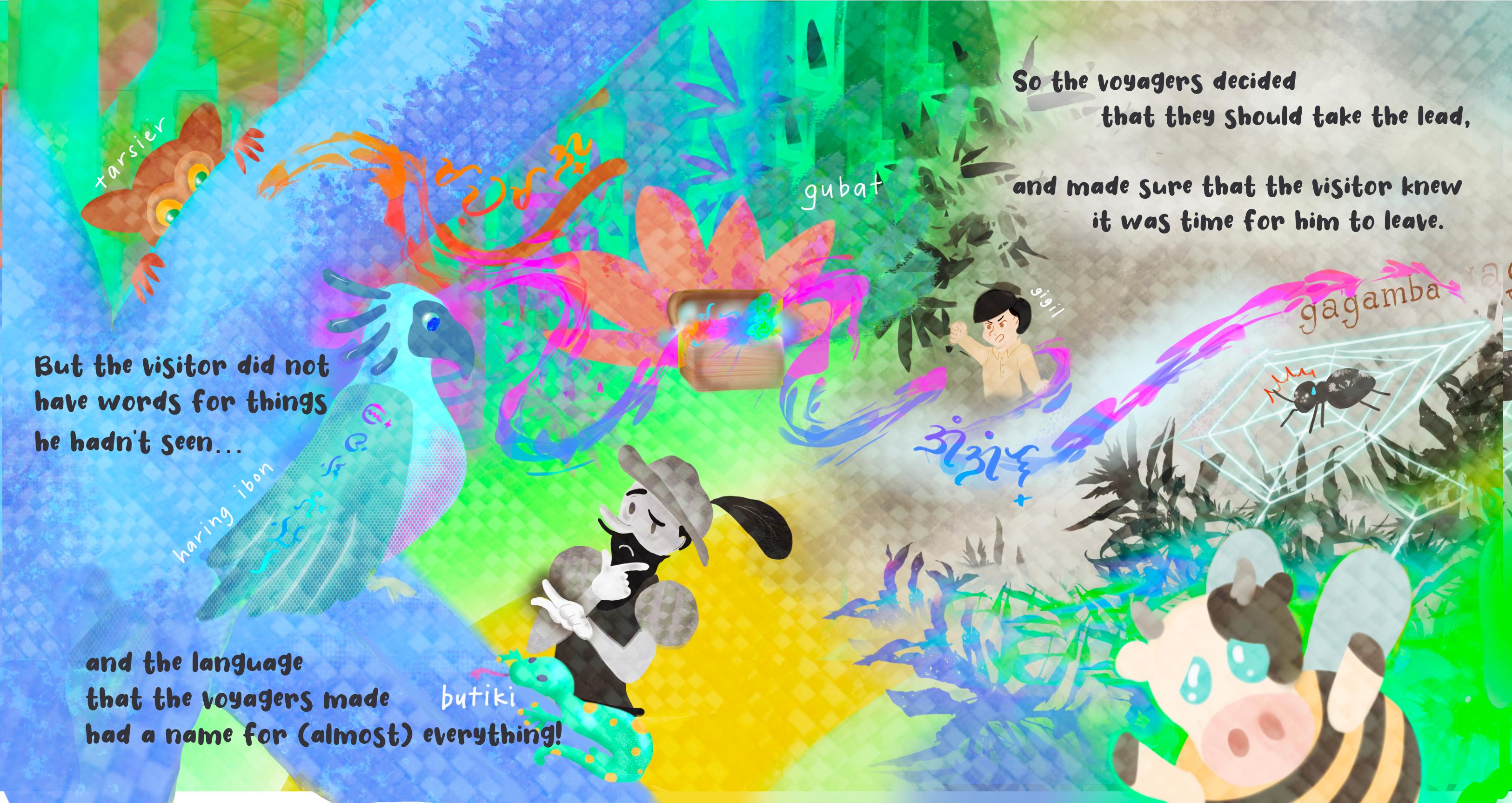 When Lola Speaks interior spread — a jungle of Baybayin-labeled animals and plants