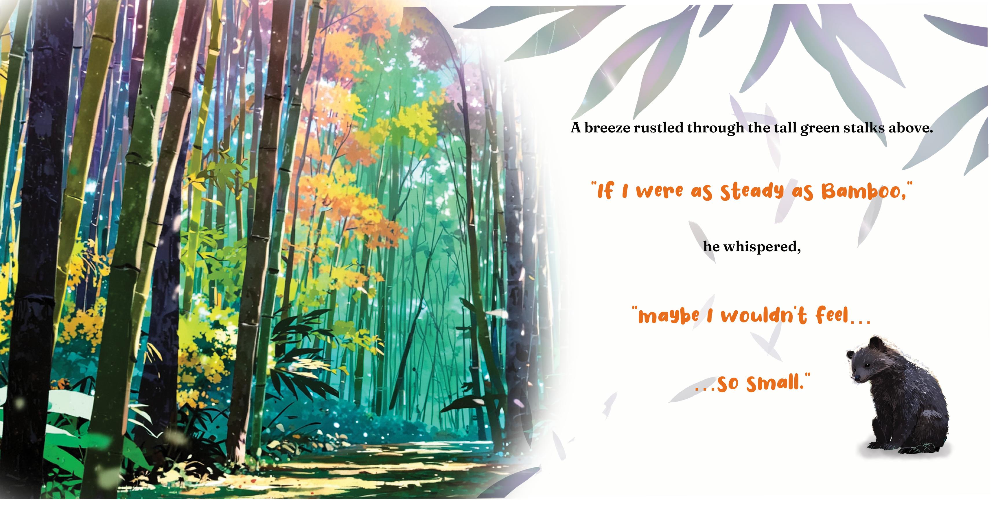 For All You'll Become interior spread — Binturong beneath a golden bamboo forest, "If I were as steady as Bamboo"
