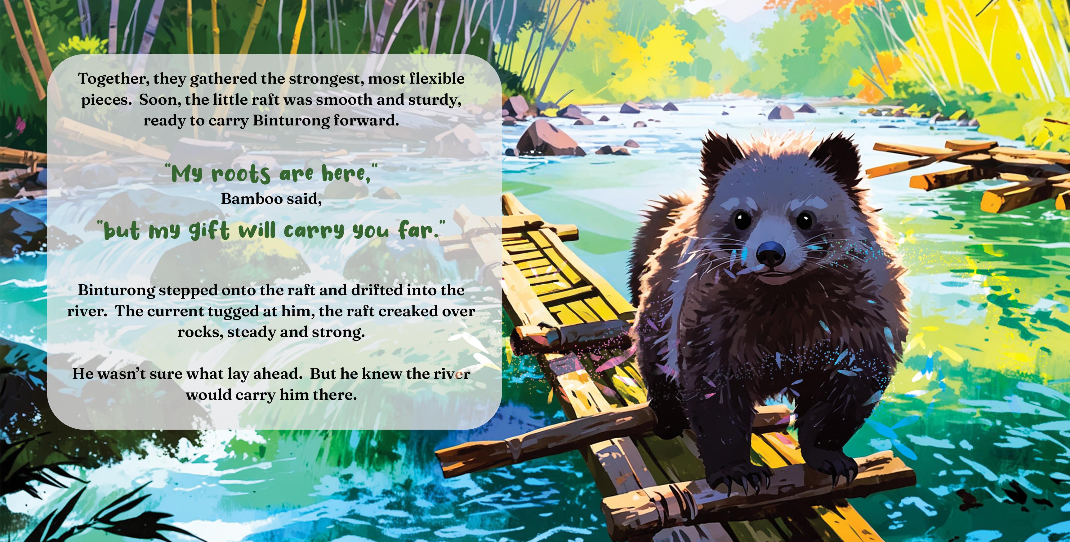 For All You'll Become interior spread — Binturong on a raft crossing the river