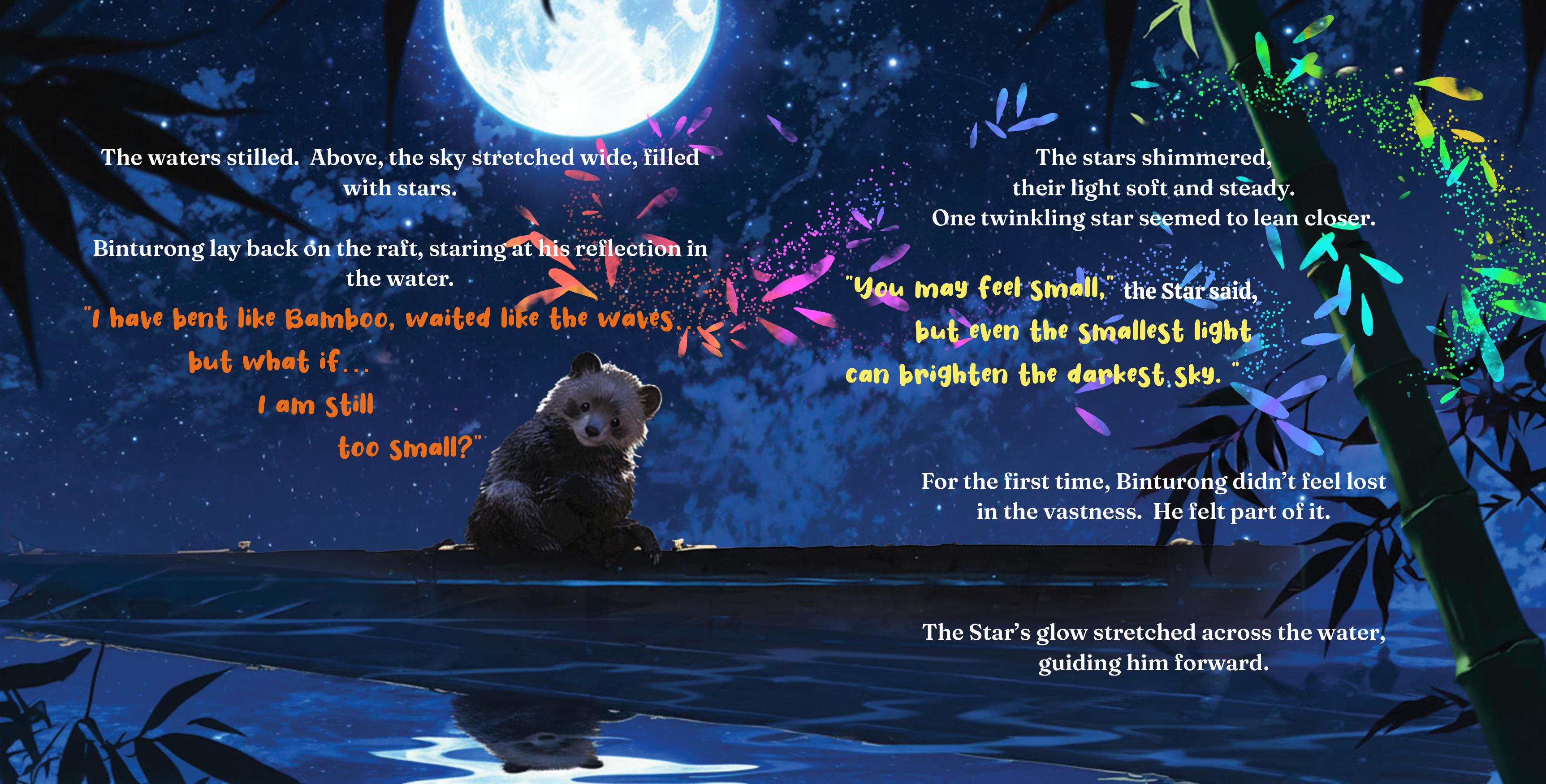 For All You'll Become interior spread — Binturong beneath a starry night sky, guided by a star