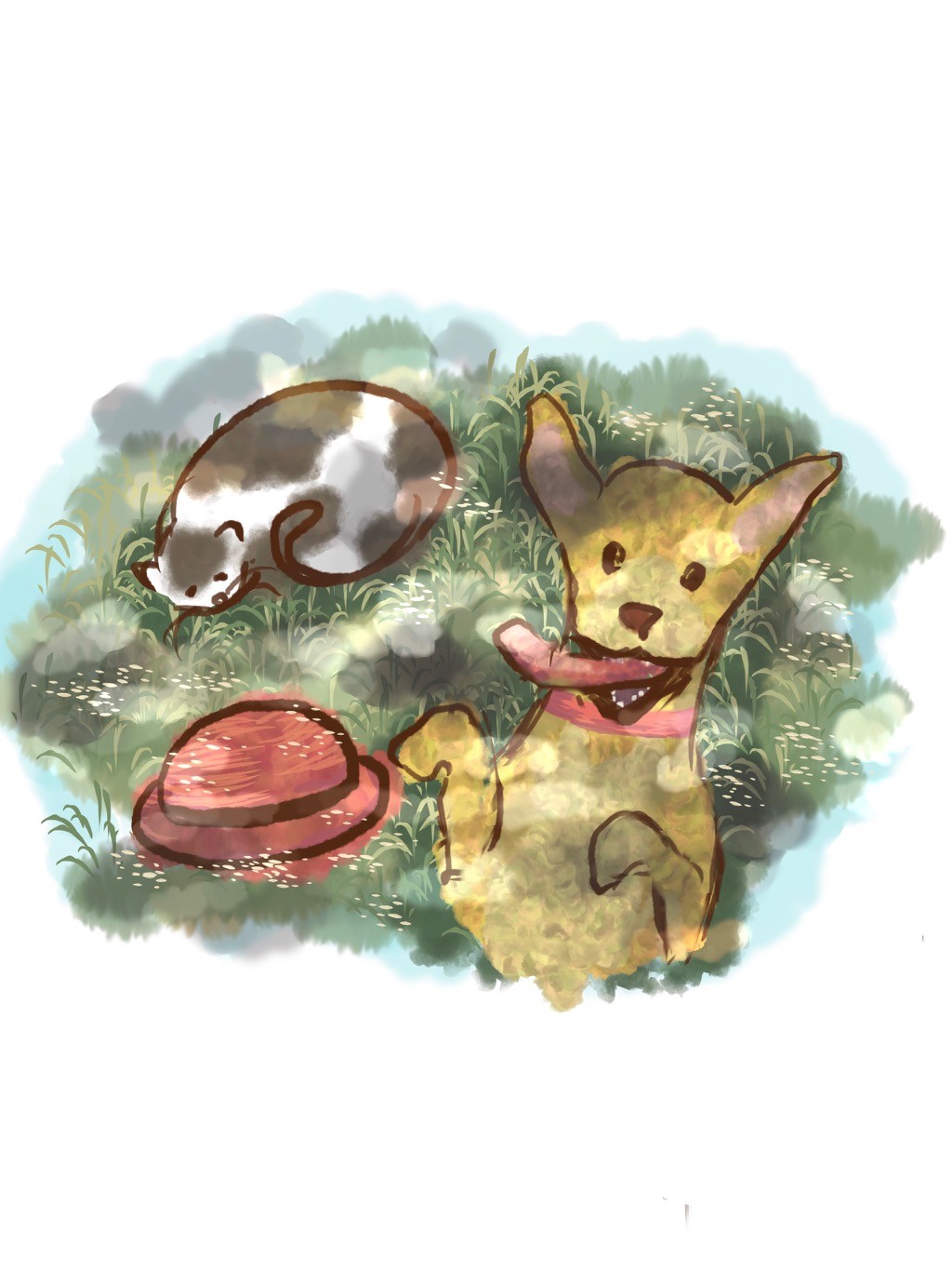 Digital character concept art — the dog and cat from Little Dog, with the hat that blows away in the story, in a meadow of tall grass