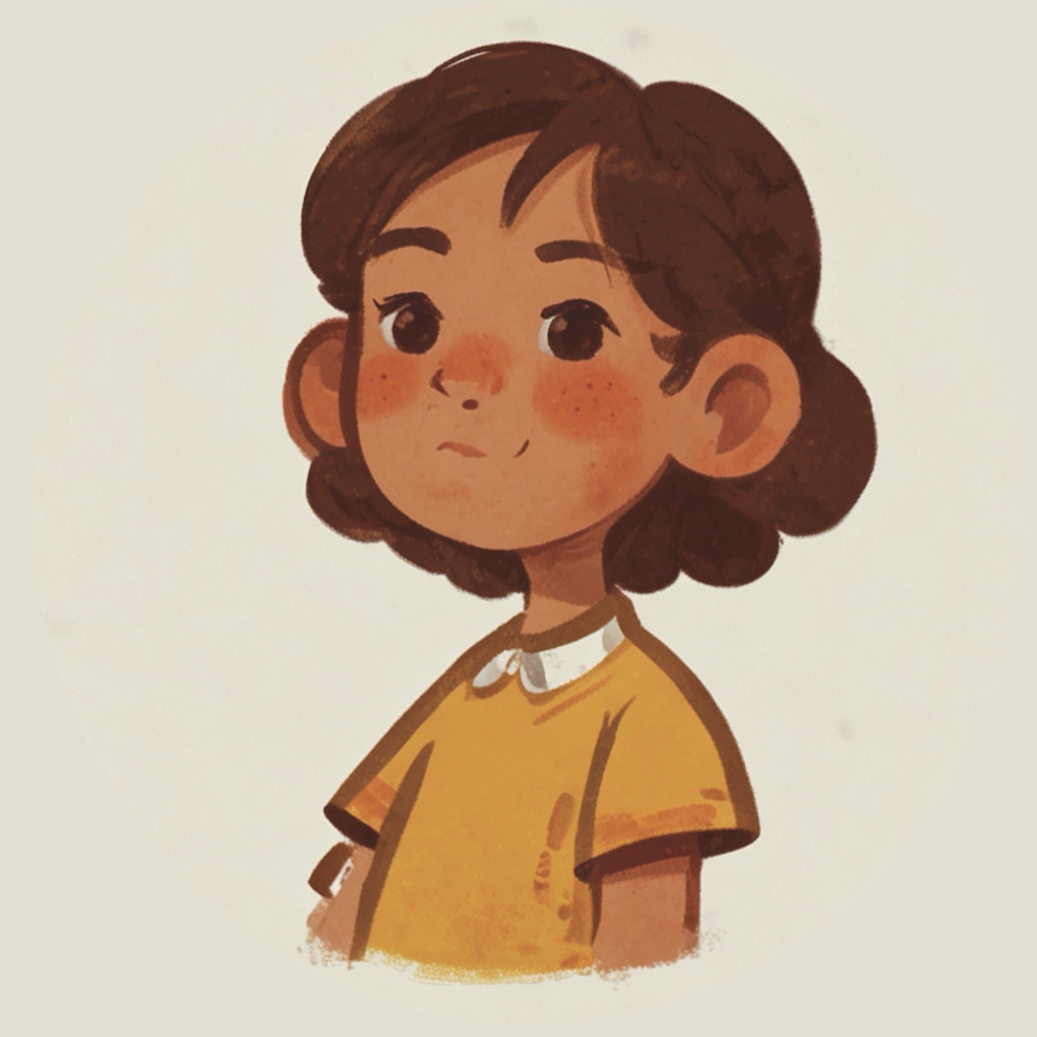 Digital character concept art — a girl with curly brown hair, freckles, and a yellow shirt with a white collar