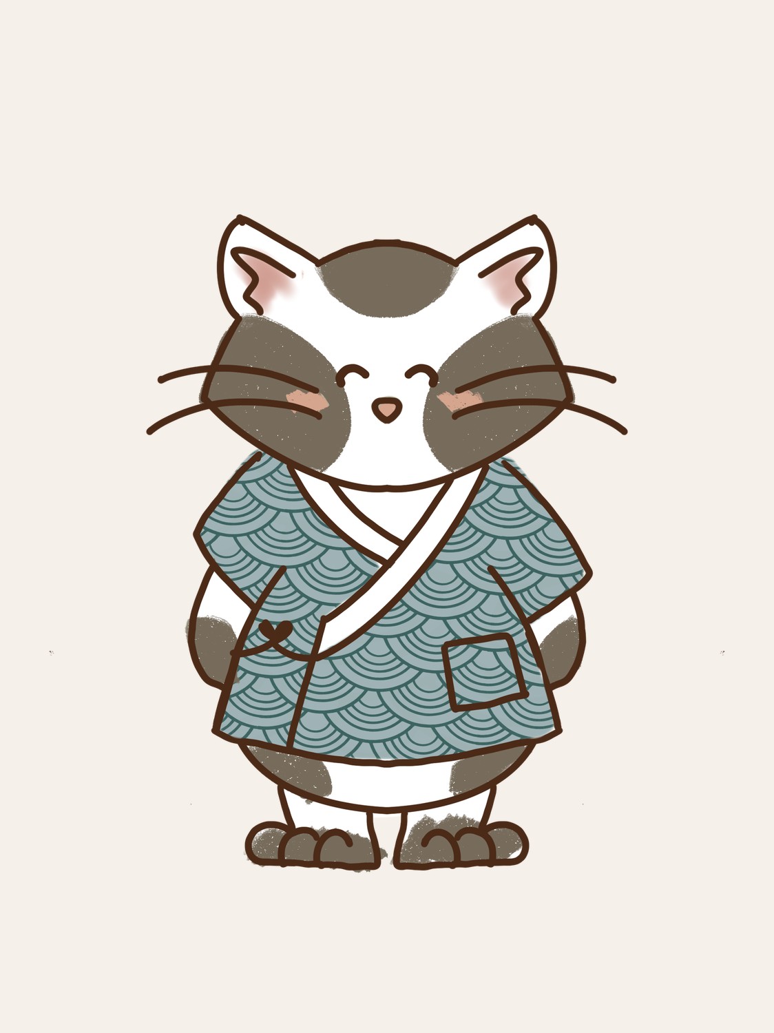 Digital character design — a cat character in a teal wave-patterned kimono with a white sash, chibi style