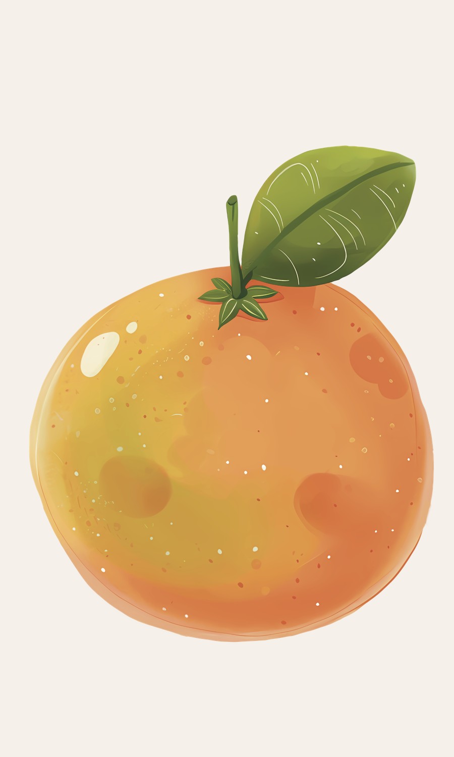 Digital character concept art — an anthropomorphized orange with a leaf and stem, painterly style