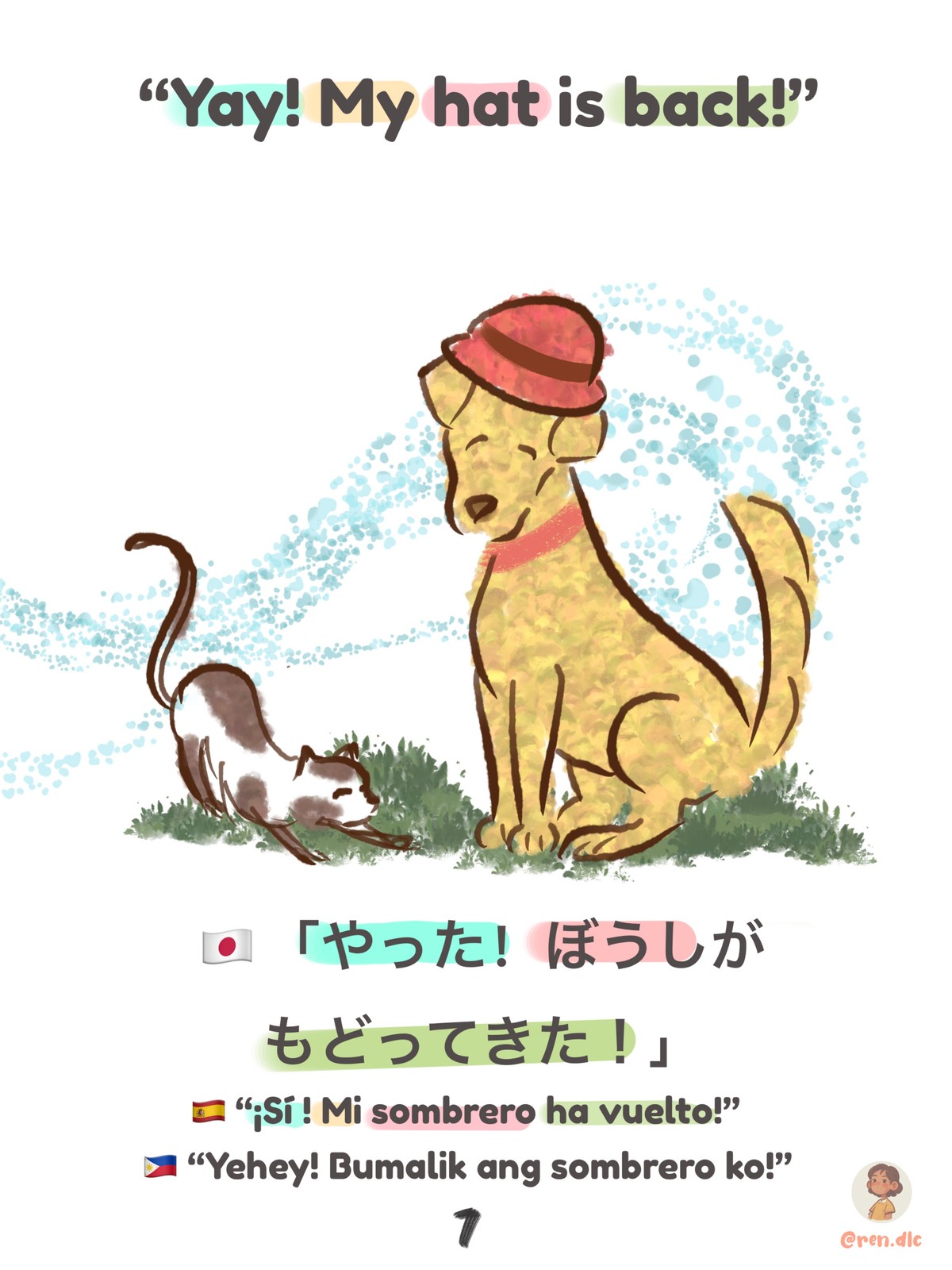 Little Dog closing page — the hat returns, narrated in English, Japanese, Spanish, and Filipino, color-coded to match across languages