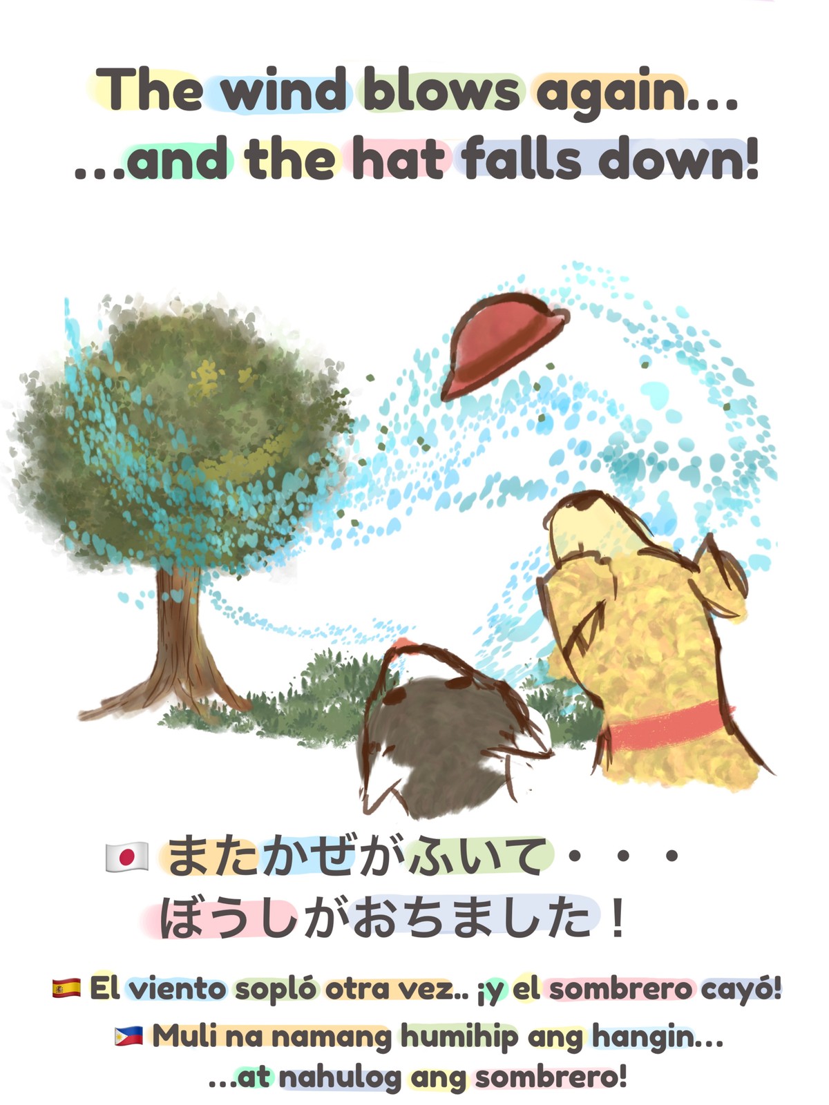 Little Dog page 6 — the hat falls down, with Spanish added alongside Filipino