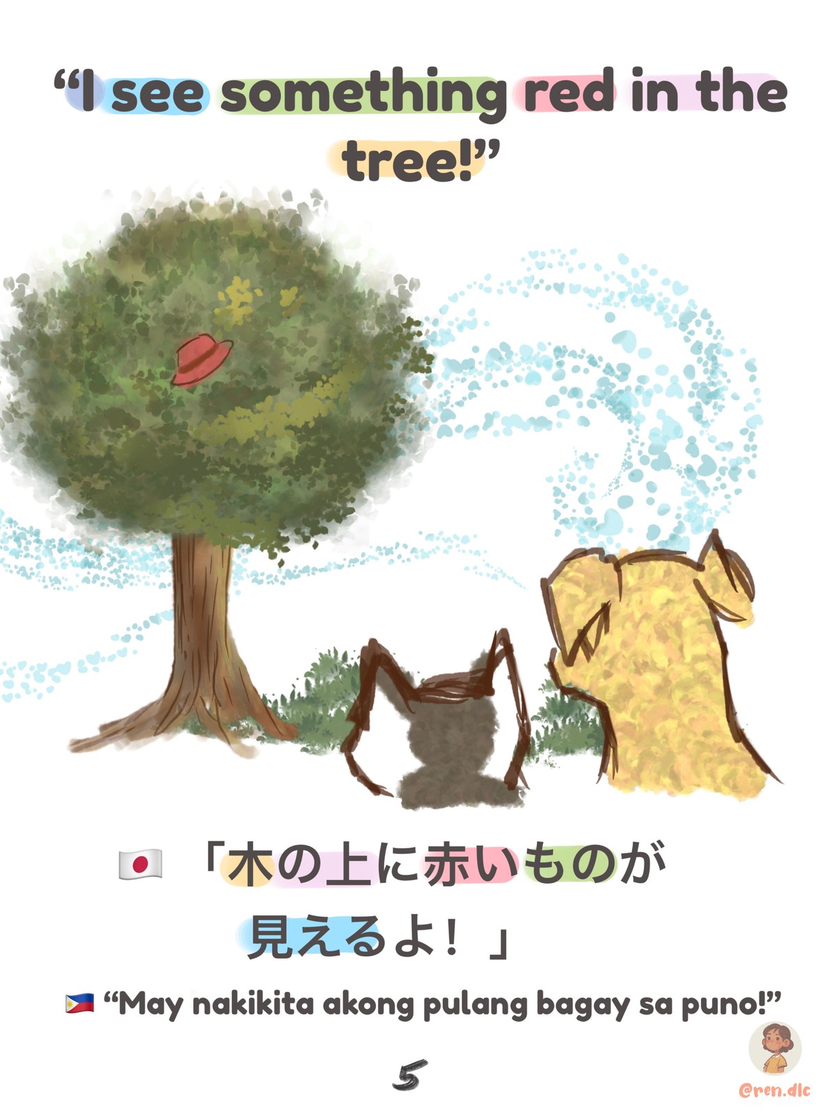 Little Dog page 5 — I see something red in the tree, in English, Japanese, and Filipino