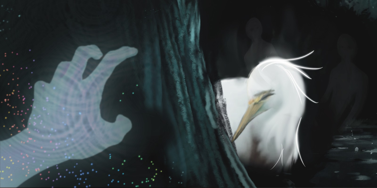 Whispers in the Wetlands interior spread — a translucent hand reaching through the reeds toward a glowing egret at dusk