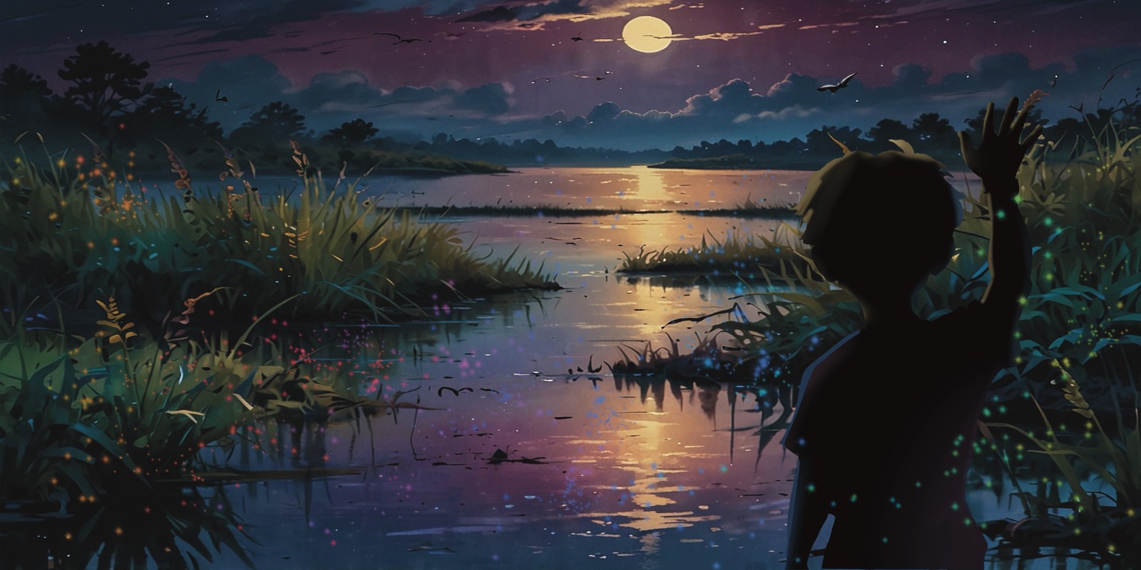 Whispers in the Wetlands interior spread — a child silhouetted against a full moon over the wetland, fireflies rising from the water